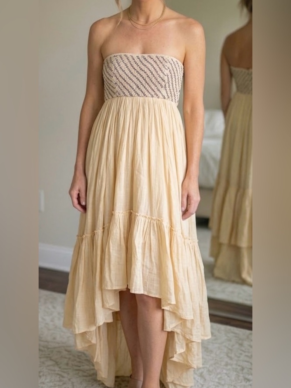 Free People Strapless Cream Smocked-Bust High-Low Dress
